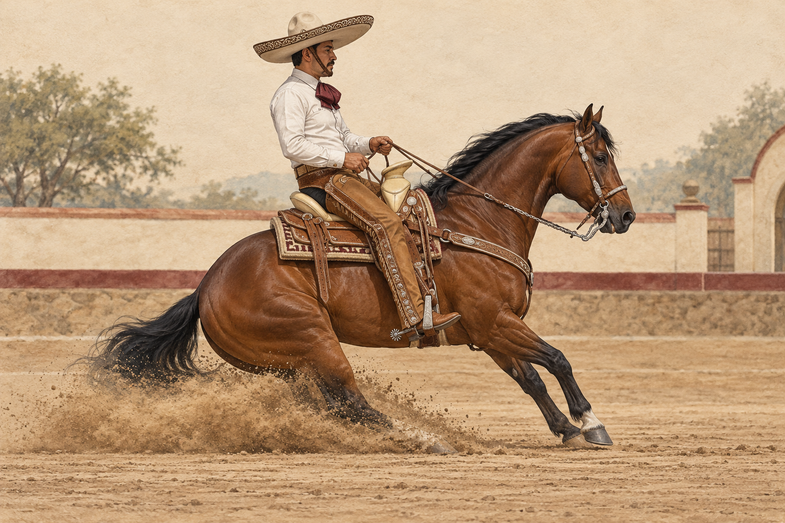Ilustración de un charro y su caballo durante la cala de caballo en un lienzo charro